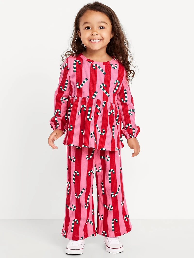 Waffle-Knit Peplum Top and Pants Set for Toddler Girls