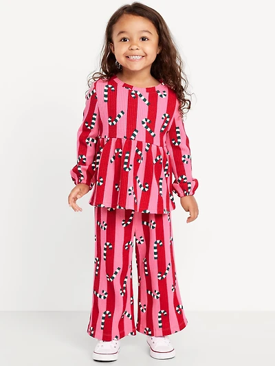 Waffle-Knit Peplum Top and Pants Set for Toddler Girls