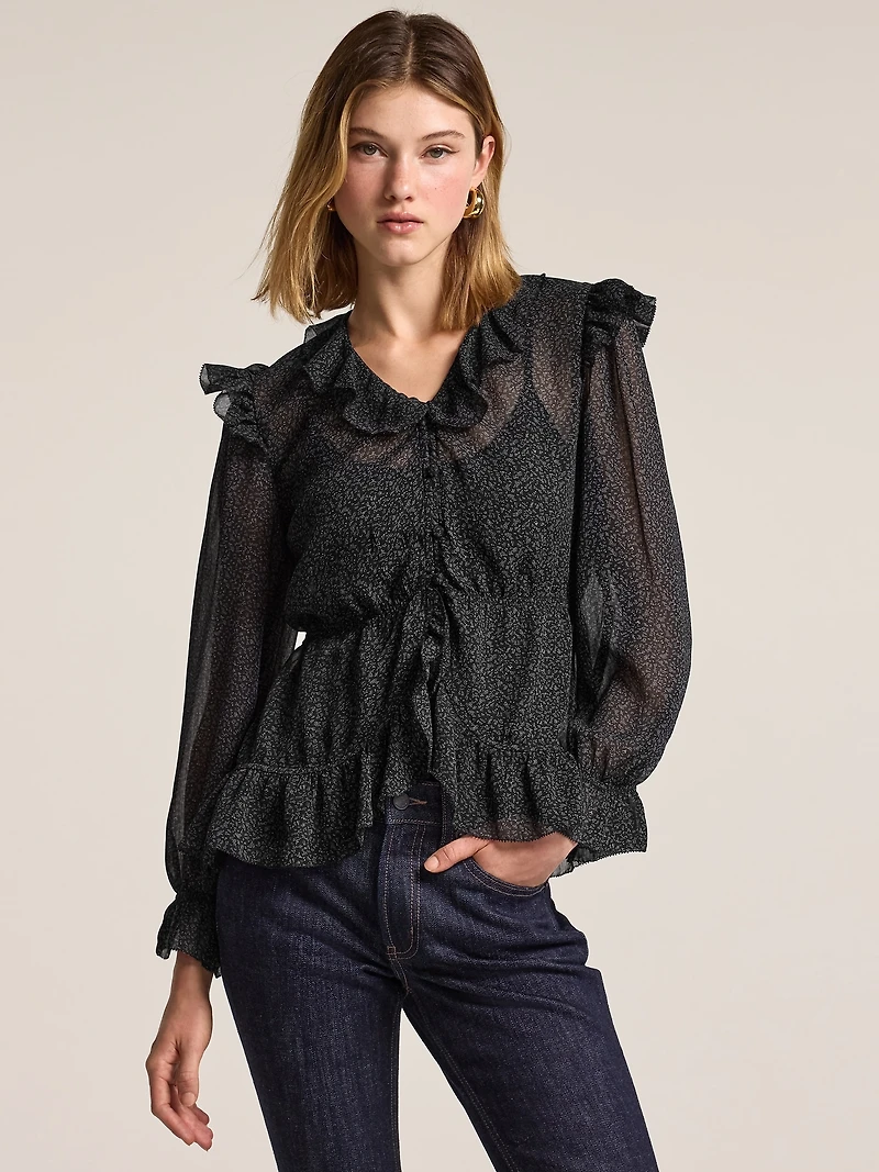 Old Navy x Anna Sui Chiffon Ruffle Button-Down Top