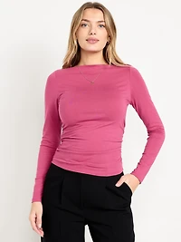 Long-Sleeve Slit-Neck Ruched Top