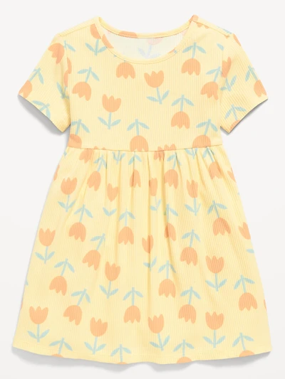 Short-Sleeve Ribbed Graphic Dress for Toddler Girls