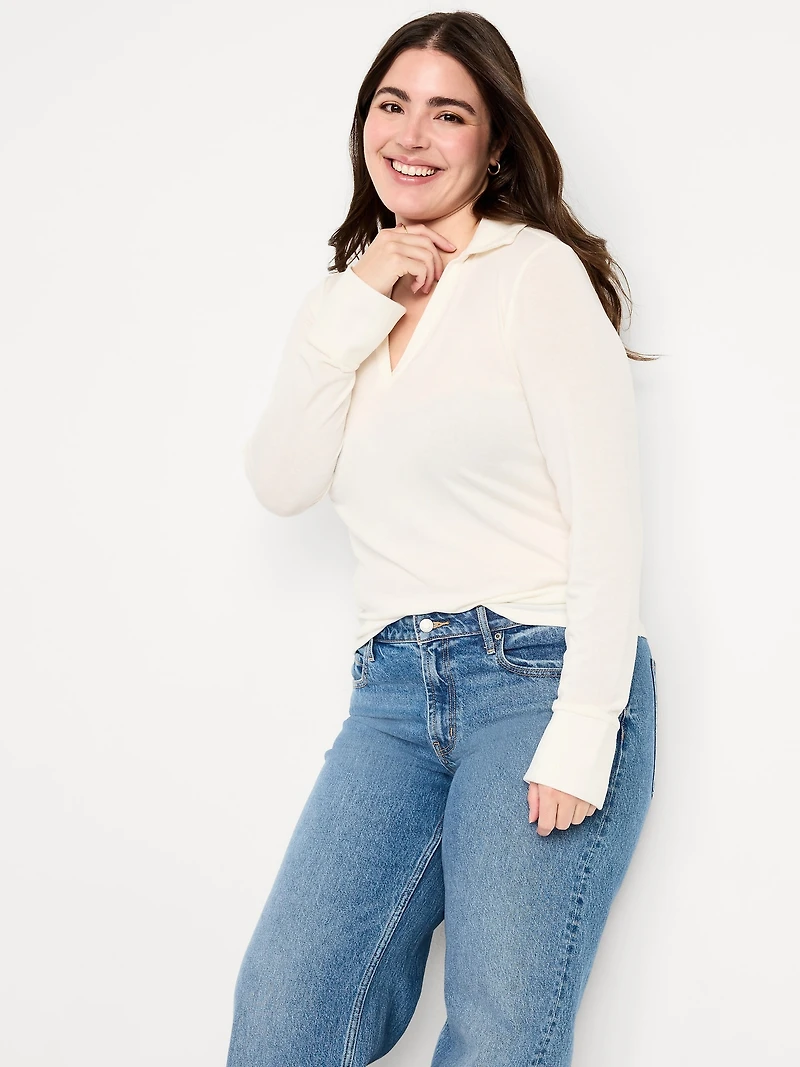 Split-Neck Long-Sleeve Pullover Shirt