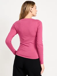 Long-Sleeve Slit-Neck Ruched Top