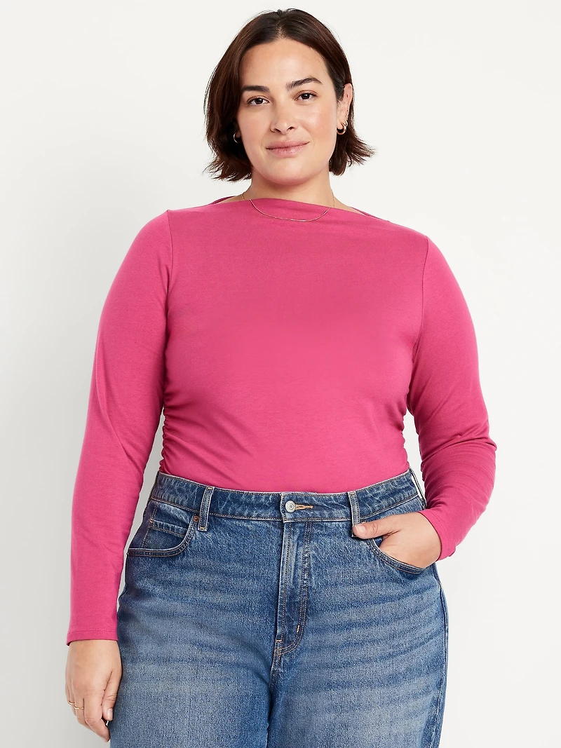 Long-Sleeve Slit-Neck Ruched Top