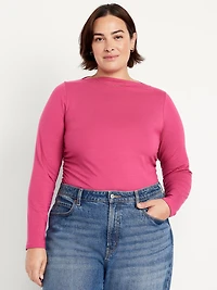 Long-Sleeve Slit-Neck Ruched Top