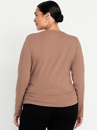 Long-Sleeve Slit-Neck Ruched Top