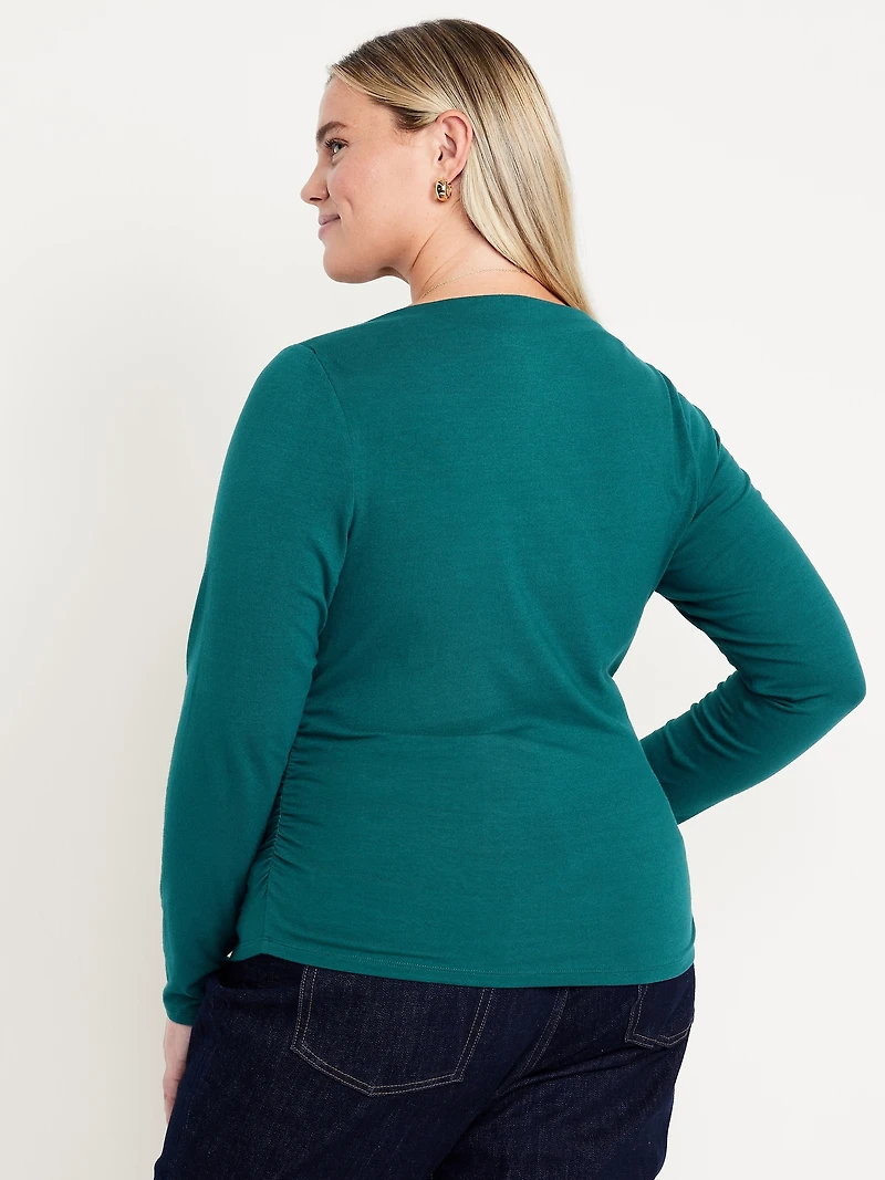 Long-Sleeve Slit-Neck Ruched Top