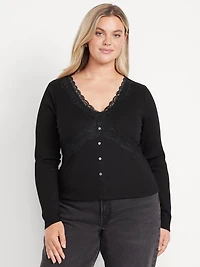 Lace-Trim V-Neck Ribbed Top