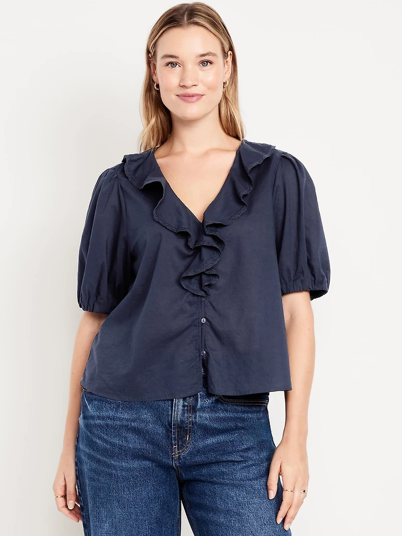 Ruffle Collar Button-Down Top