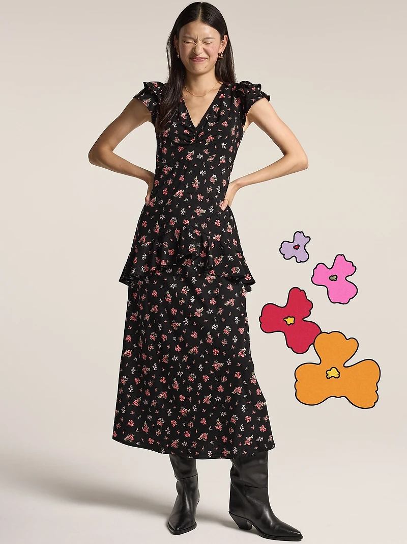 Old Navy x Anna Sui Crepe V-Neck Ruffle Maxi Dress