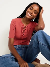 Short Sleeve Lace-Front Top