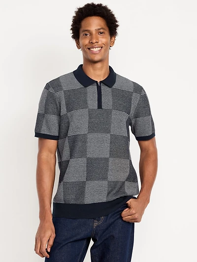 Quarter-Zip Check Polo Sweater