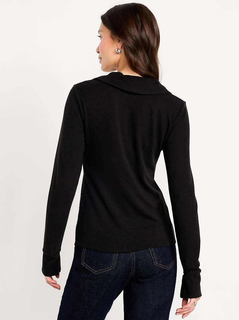 Split-Neck Long-Sleeve Pullover Shirt