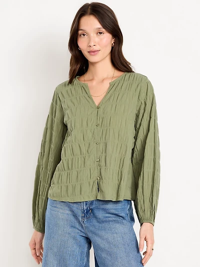 Lightweight Button-Down Smocked Top