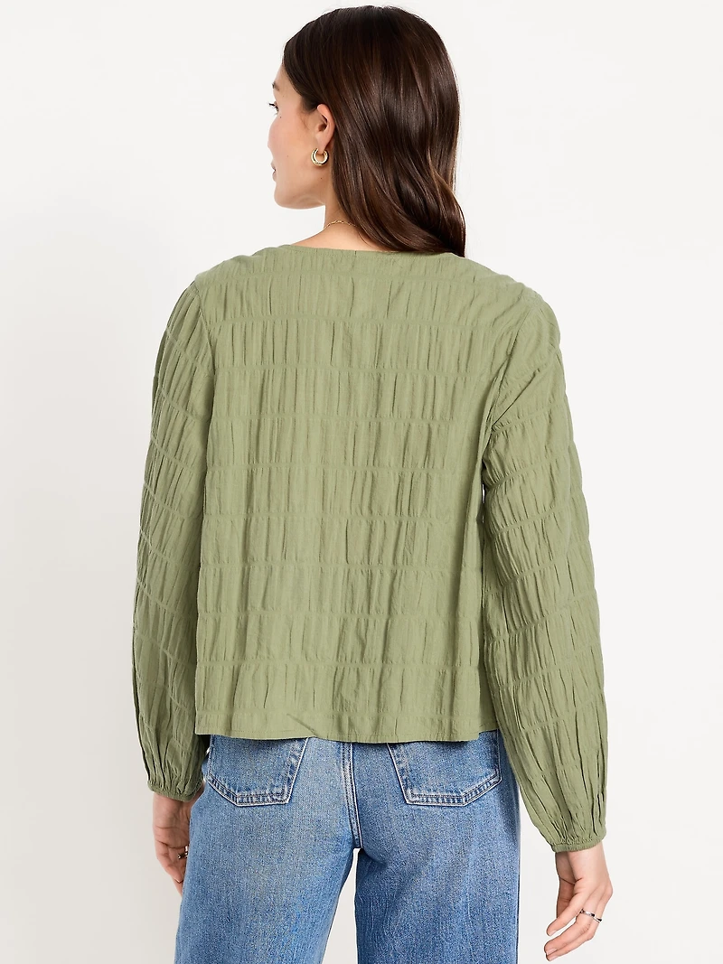 Lightweight Button-Down Smocked Top