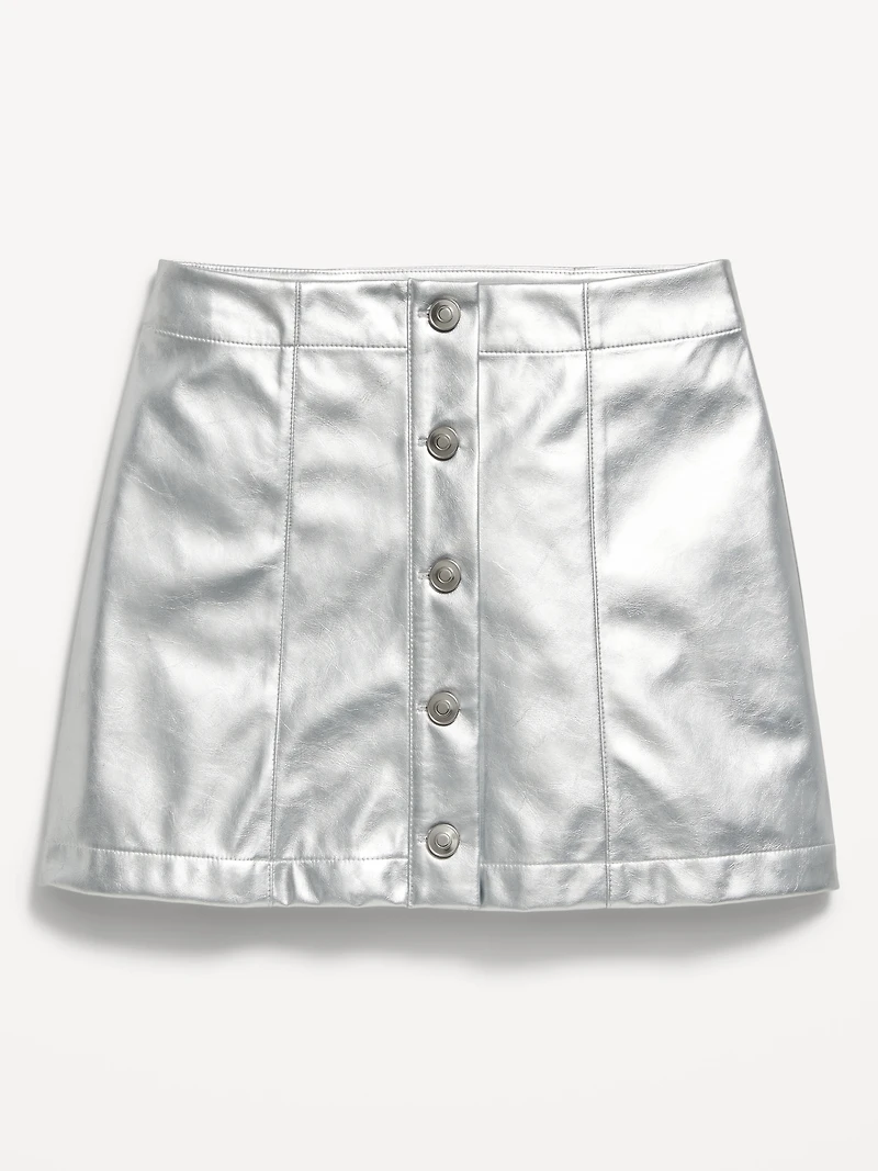 Faux-Leather Silver Shine Button-Front Skirt for Girls