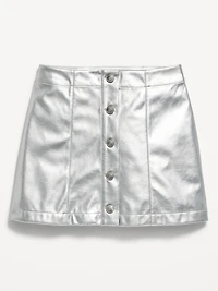 Faux-Leather Silver Shine Button-Front Skirt for Girls