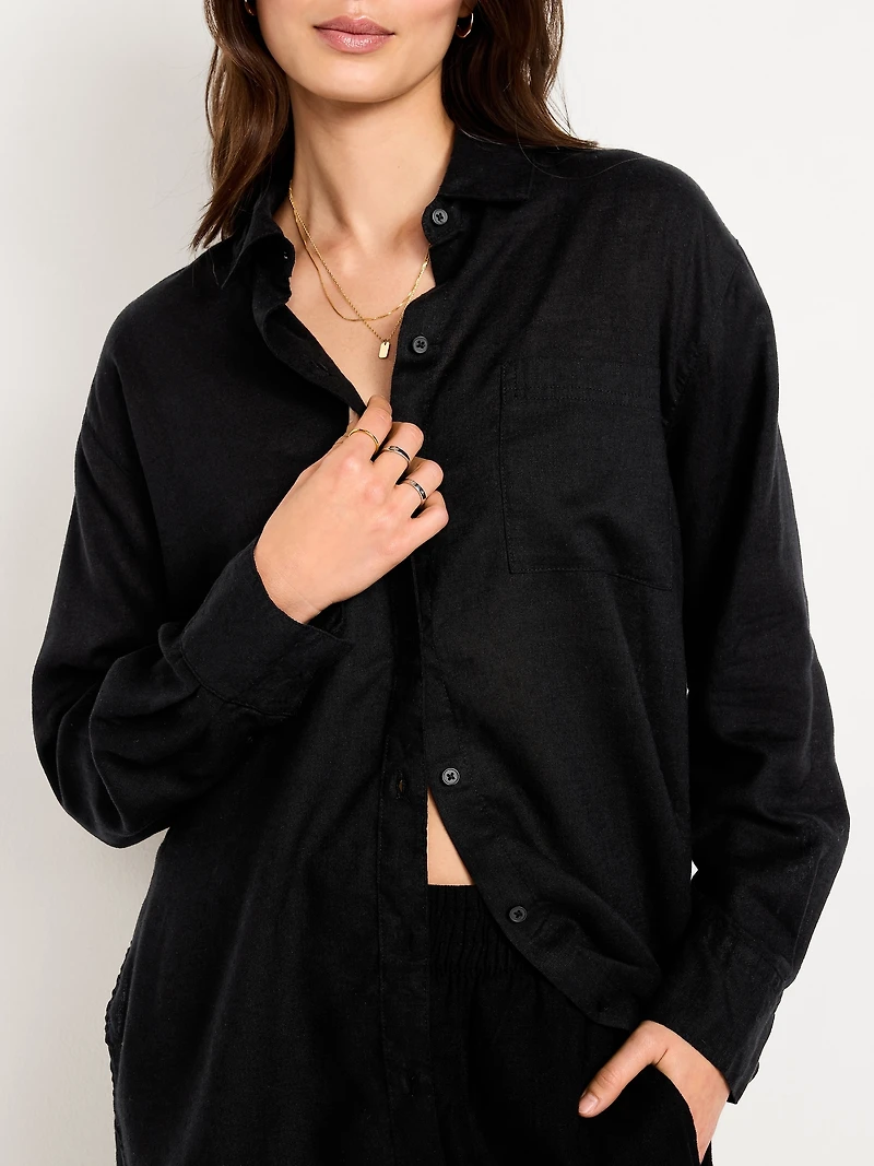 Linen-Blend Loose Button-Down Shirt
