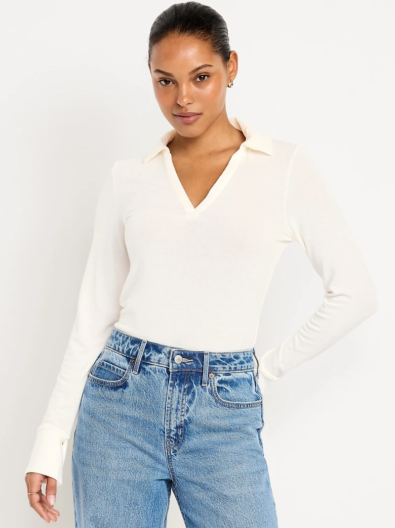 Split-Neck Long-Sleeve Pullover Shirt