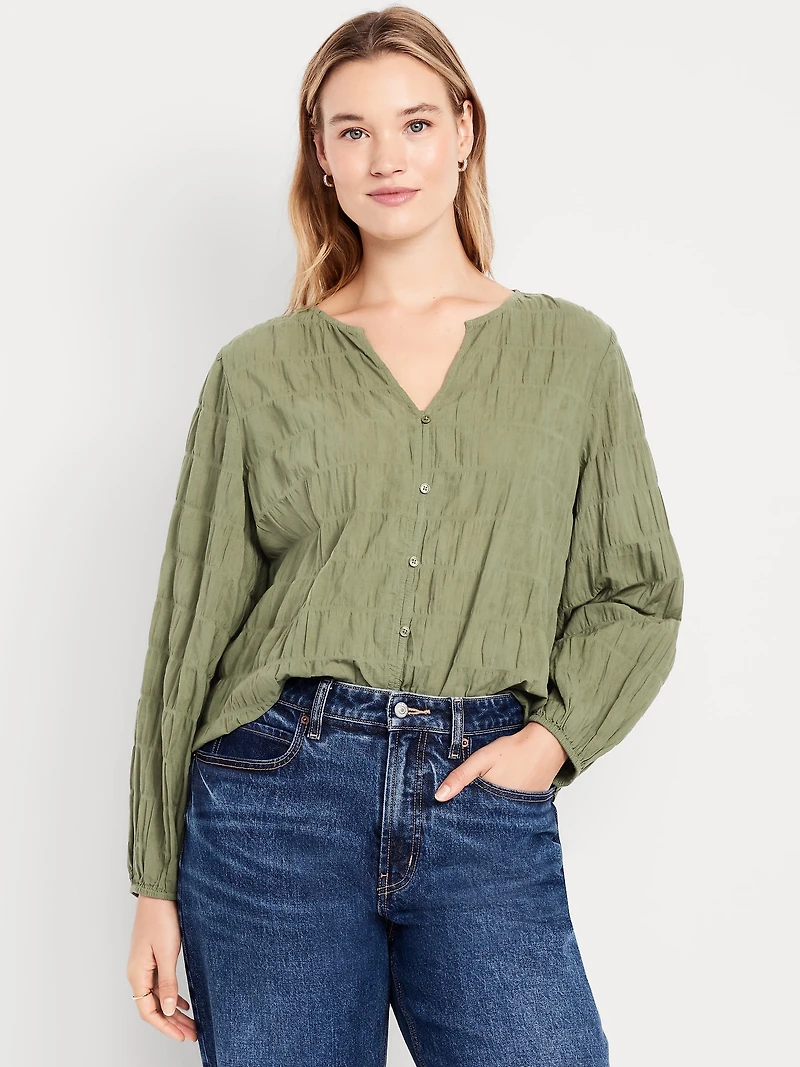 Lightweight Button-Down Smocked Top