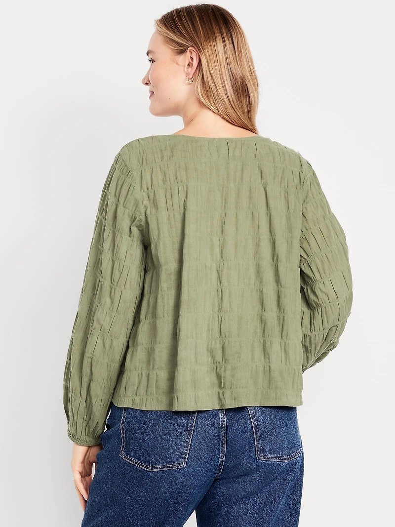 Lightweight Button-Down Smocked Top