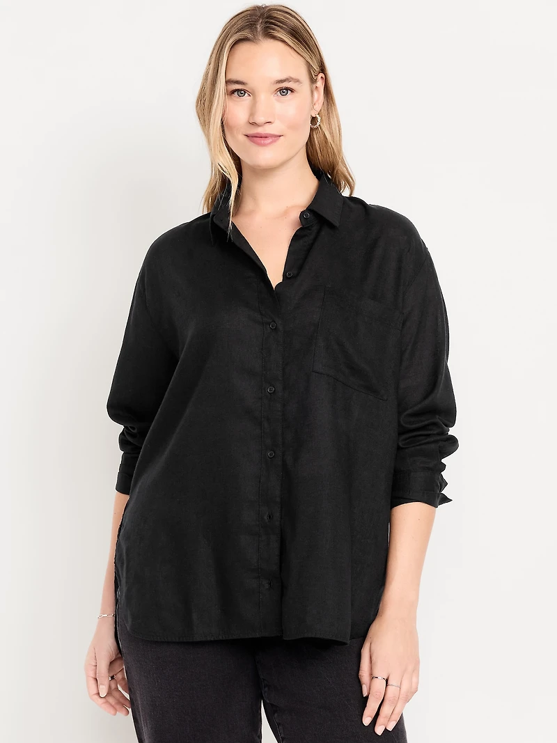 Linen-Blend Loose Button-Down Shirt