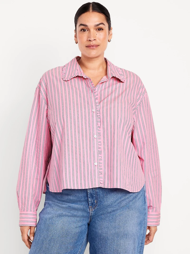 Cropped Button-Down Ruffle-Front Shirt