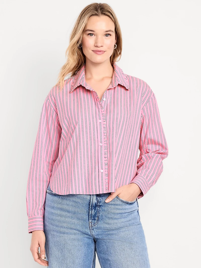 Cropped Button-Down Ruffle-Front Shirt