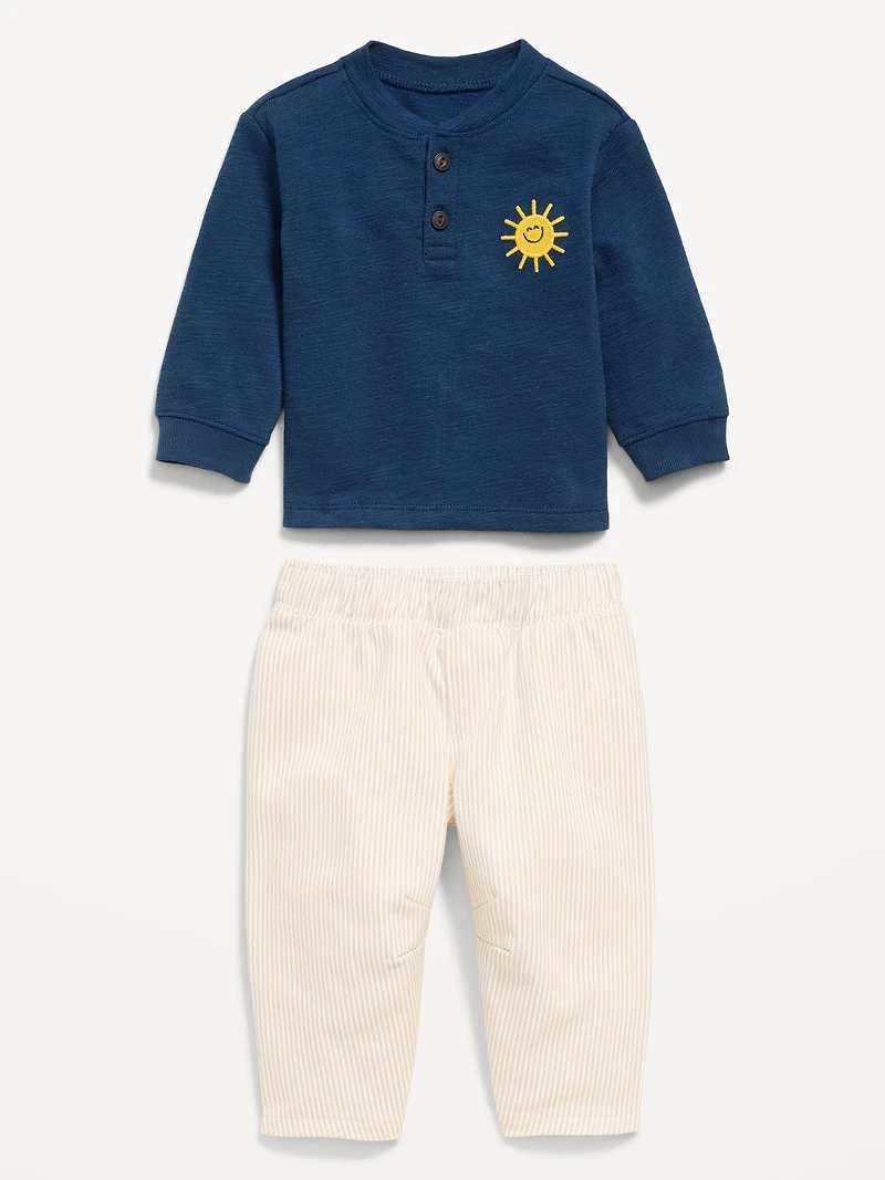 Long-Sleeve Henley Top and Barrel-Leg Pants Set for Baby