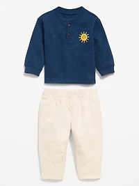 Long-Sleeve Henley Top and Barrel-Leg Pants Set for Baby