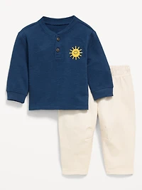 Long-Sleeve Henley Top and Barrel-Leg Pants Set for Baby