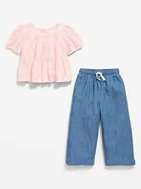 Short-Sleeve Lace Top and Chambray Pants Set for Toddler Girls