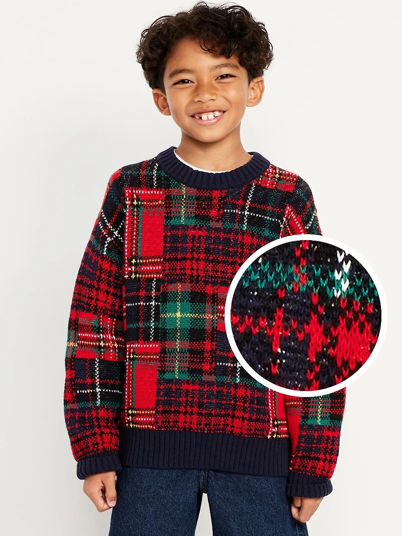 Oversized Plaid Crew-Neck Sweater for Boys