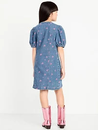 Printed Short-Sleeve Fit and Flare Jean Dress for Girls