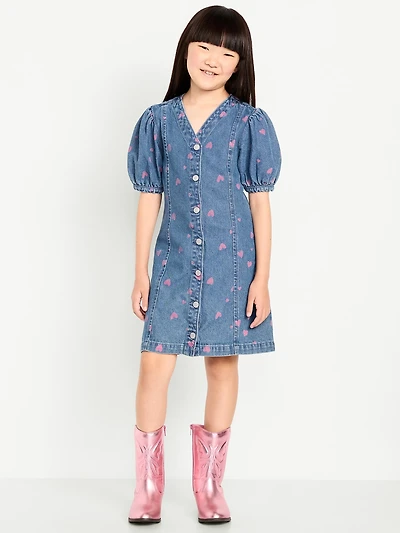 Printed Short-Sleeve Fit and Flare Jean Dress for Girls