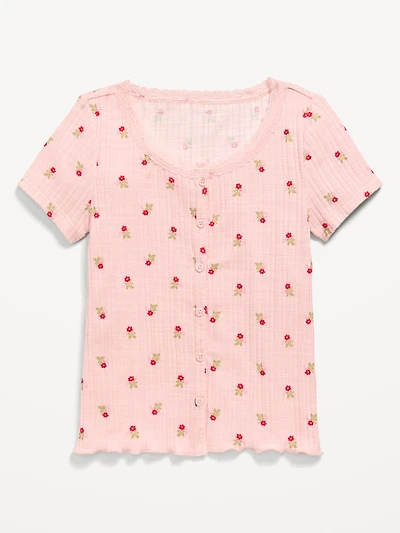Printed Short-Sleeve Lace-Trim Button-Front Top for Girls