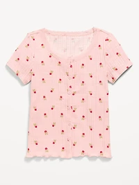 Printed Short-Sleeve Lace-Trim Button-Front Top for Girls