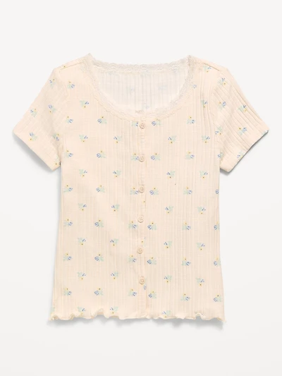 Printed Short-Sleeve Lace-Trim Button-Front Top for Girls