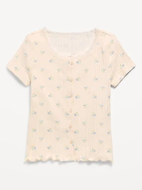 Printed Short-Sleeve Lace-Trim Button-Front Top for Girls
