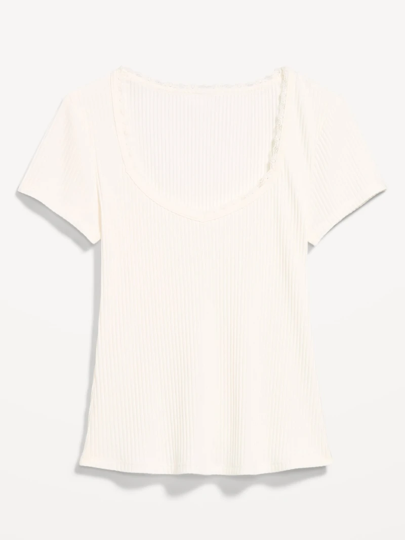 Lace-Trim Sweetheart-Neck Ribbed Top