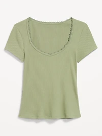 Lace-Trim Sweetheart-Neck Ribbed Top