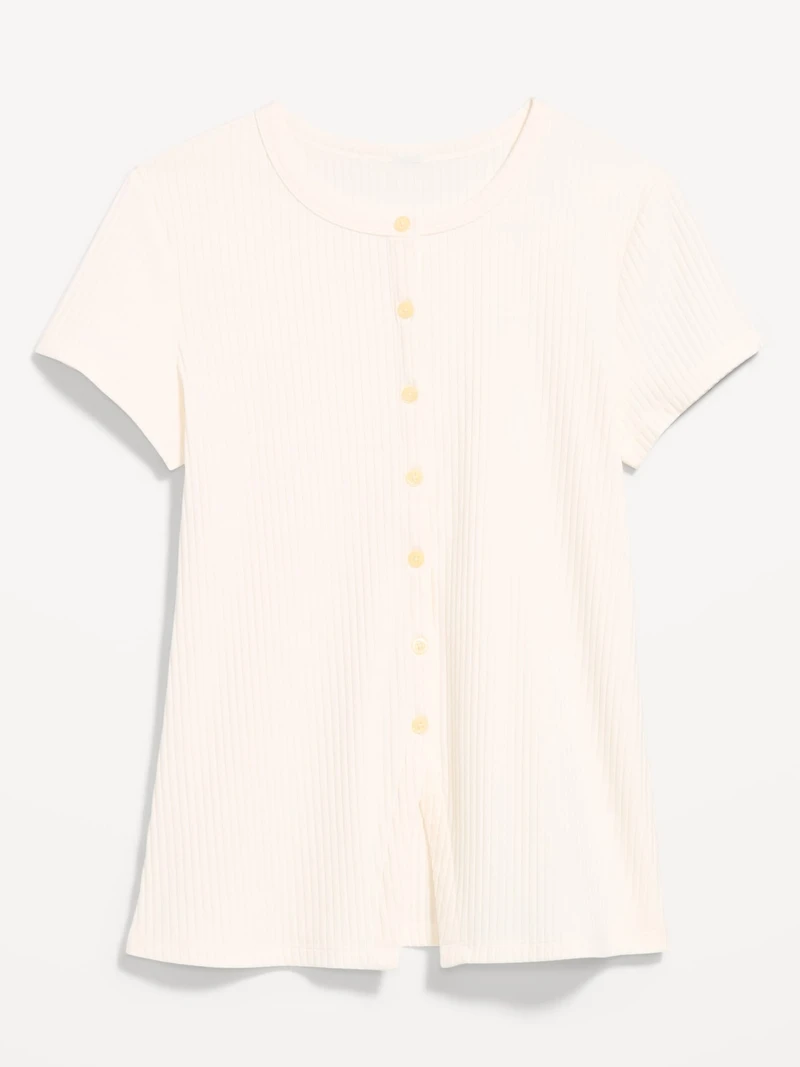 Short-Sleeve Ribbed Button-Down Top