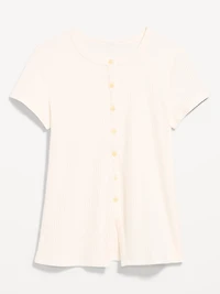 Short-Sleeve Ribbed Button-Down Top