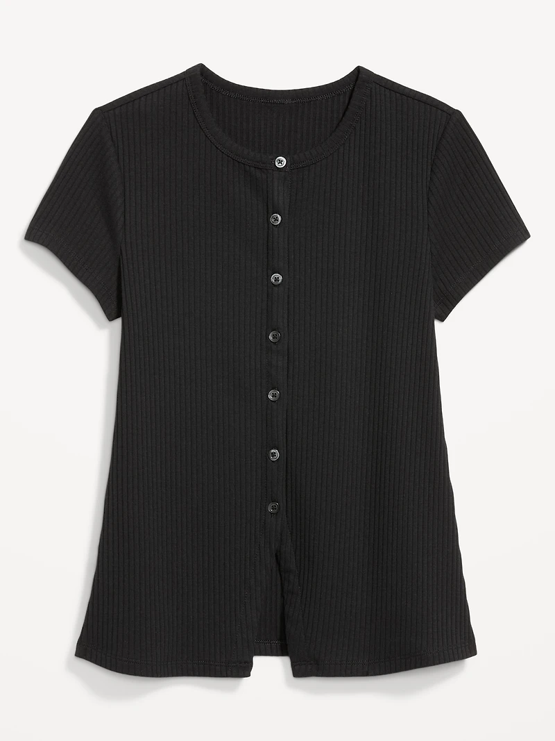 Short-Sleeve Ribbed Button-Down Top
