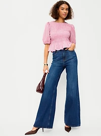 Smocked Puff Sleeve Peplum Top