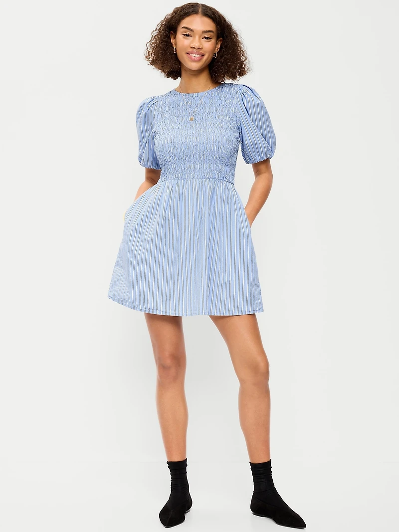 Smocked Puff-Sleeve Flare Mini Dress