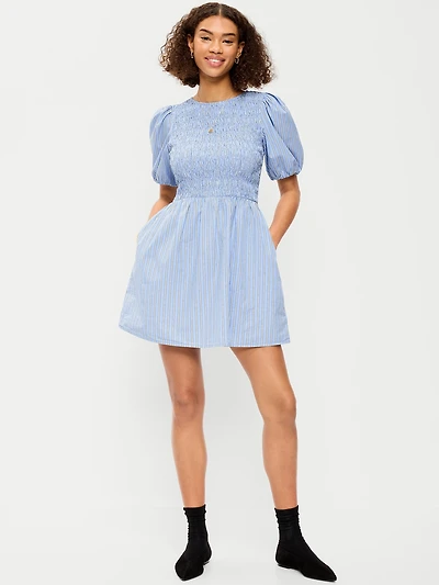 Smocked Puff-Sleeve Flare Mini Dress
