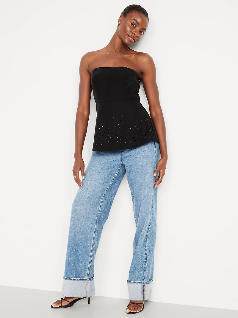 Beaded Taffeta Peplum Tube Top