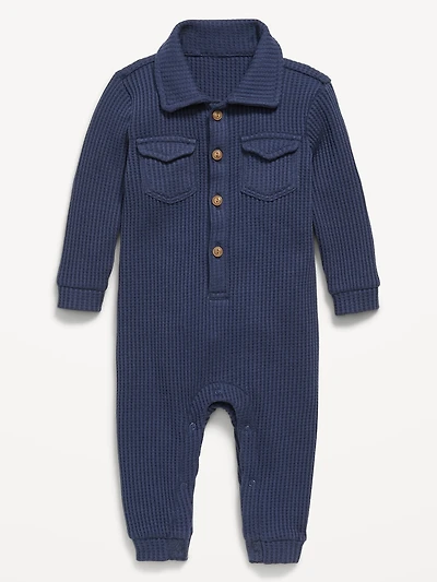 Waffle-Knit Collared One-Piece for Baby