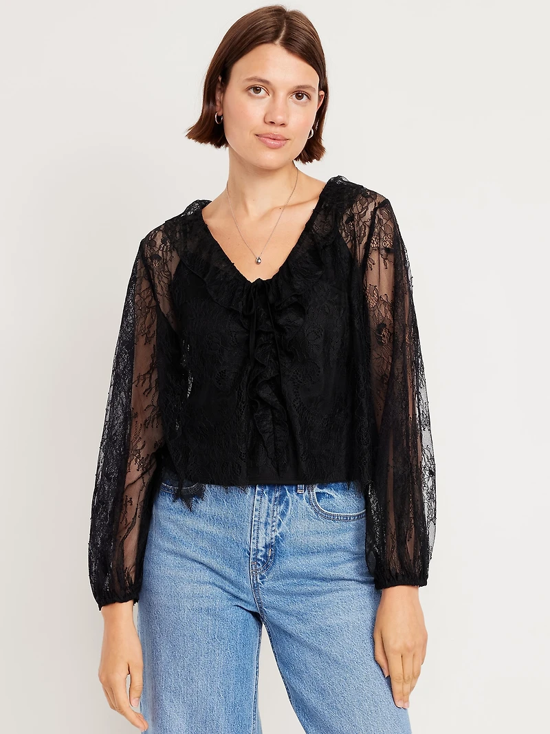 Long-Sleeve Lace V-Neck Lined Top
